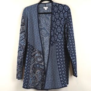 J. Jill Blue Mixed Print Knit Open Cardigan Size Medium Tall